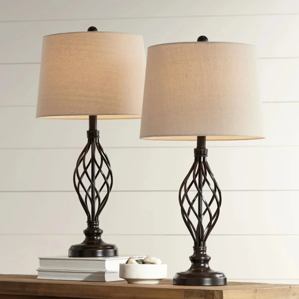 Franklin Iron Works Annie Table Lamps, Set of 2, 28 in Tall, Bronze Iron, Cream Tapered Drum Shade - Annie