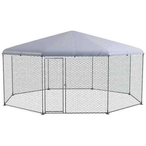 PawHut Metal Chicken Coop Run With Waterproof Anti-UV Cover, 17 ft x 15.7 ft x 9 ft